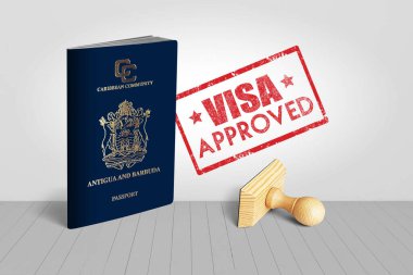 Antigua ve Barbuda Pasaport ve Visa Onaylı Tahta Seyahat Damgası - 3D Görüntü