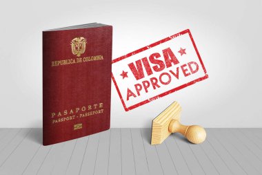 Vize ile Kolombiya Pasaportu Onaylanmış Tahta Seyahat Damgası - 3D Görüntü