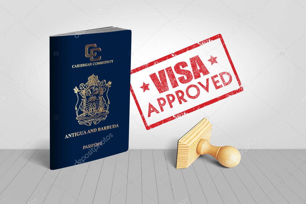 Antigua and Barbuda Passport with Visa Approved Wooden Stamp for Travel - 3D Illustration