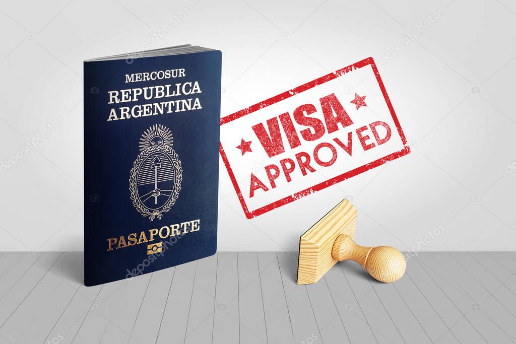 Argentine Passport with Visa Approved Wooden Stamp for Travel - 3D Illustration