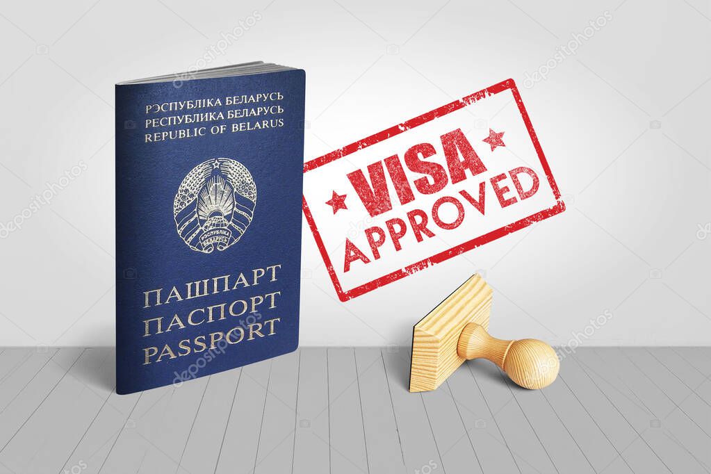 Belarus Passport with Visa Approved Wooden Stamp for Travel - 3D Illustration
