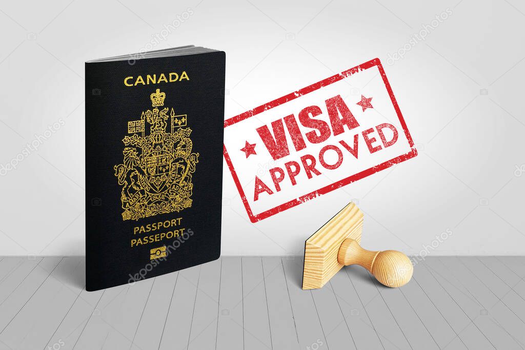 Canada Passport with Visa Approved Wooden Stamp for Travel - 3D Illustration