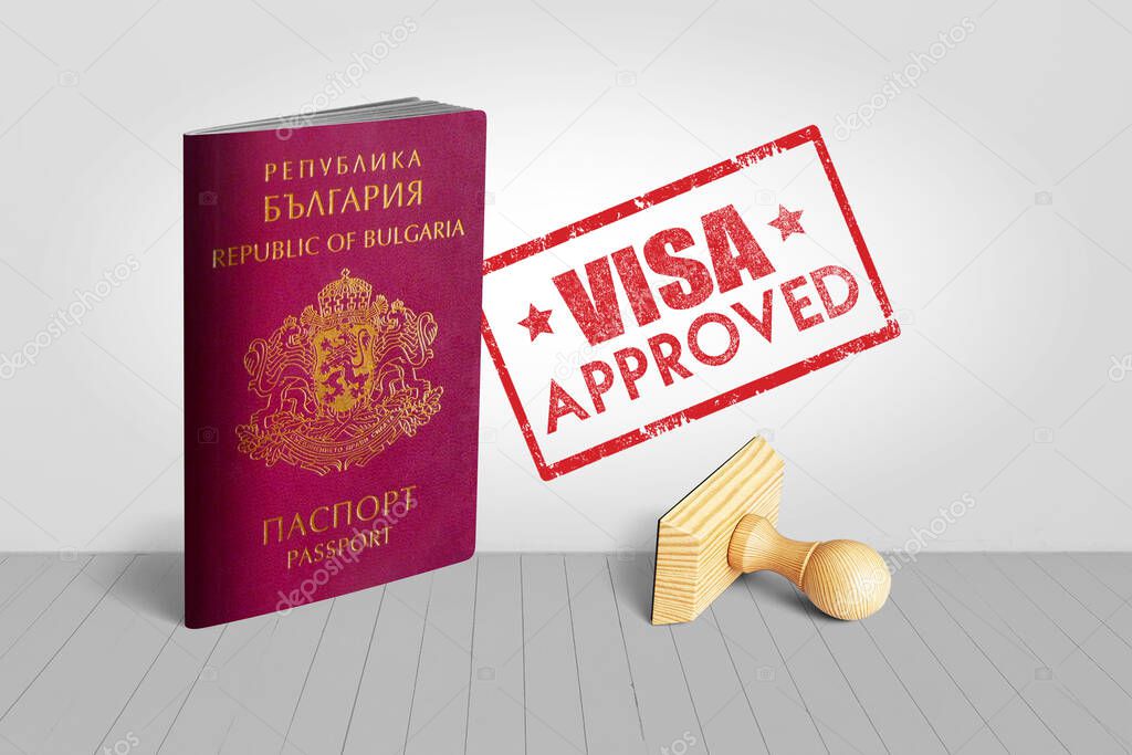 Bulgaria Passport with Visa Approved Wooden Stamp for Travel - 3D Illustration