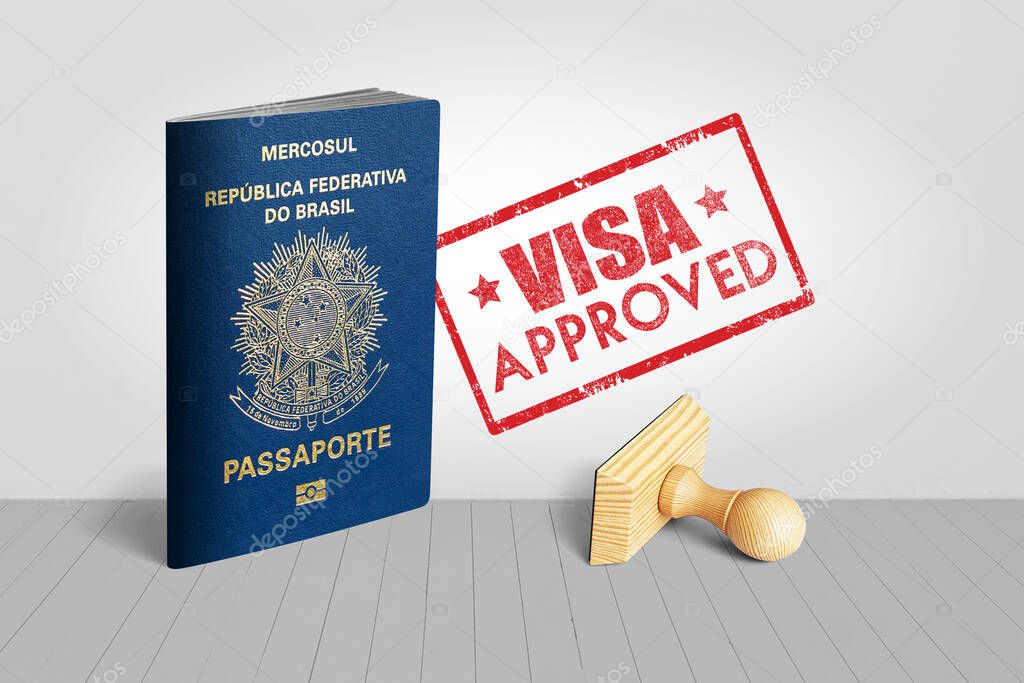 Brazil Passport with Visa Approved Wooden Stamp for Travel - 3D Illustration