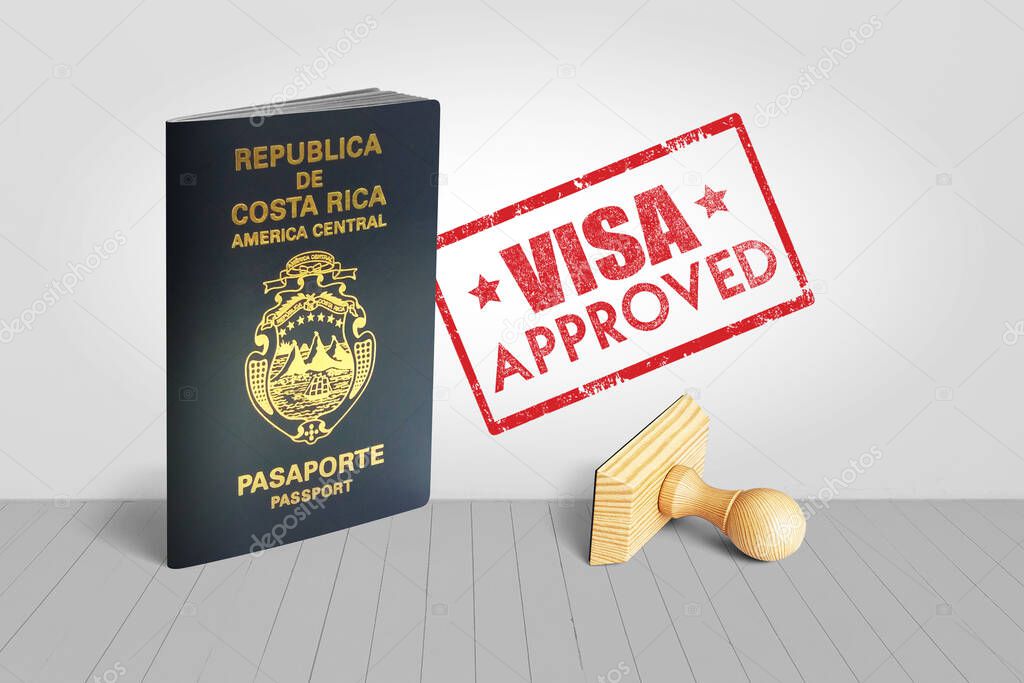 Costa Rica Passport with Visa Approved Wooden Stamp for Travel - 3D Illustration