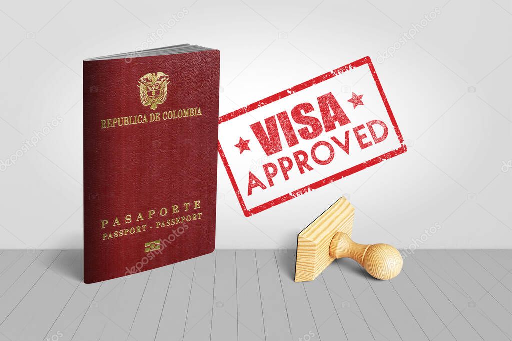 Colombia Passport with Visa Approved Wooden Stamp for Travel - 3D Illustration