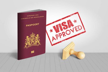 Hollanda Pasaportu ve Visa Onaylı Tahta Seyahat Damgası - 3D Görüntü