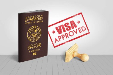 Vizeli Katar Pasaportu Seyahat İçin Onaylanmış Tahta Damga - 3D Görüntü