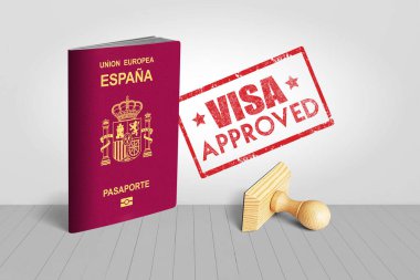 Seyahat için onaylanmış tahta damgalı İspanya pasaportu - 3D Görüntü