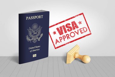 Amerika Birleşik Devletleri Pasaportu ve Visa Onaylı Tahta Seyahat Damgası - 3D Görüntü