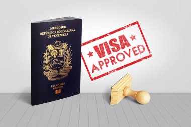 Vize ile Venezuela Pasaportu Onaylanmış Tahta Seyahat Damgası - 3D Görüntü