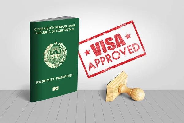 Pasaporte Uzbekistán Con Sello Madera Aprobado Por Visa Para Viajar —  Fotos de Stock