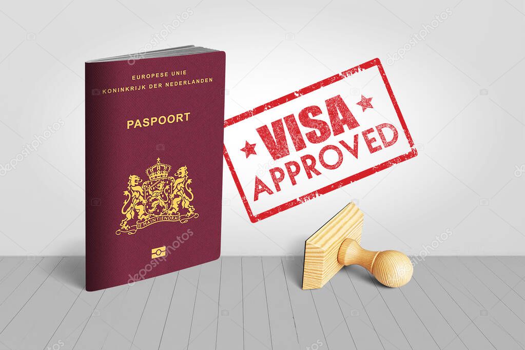 Netherlands Passport with Visa Approved Wooden Stamp for Travel - 3D Illustration