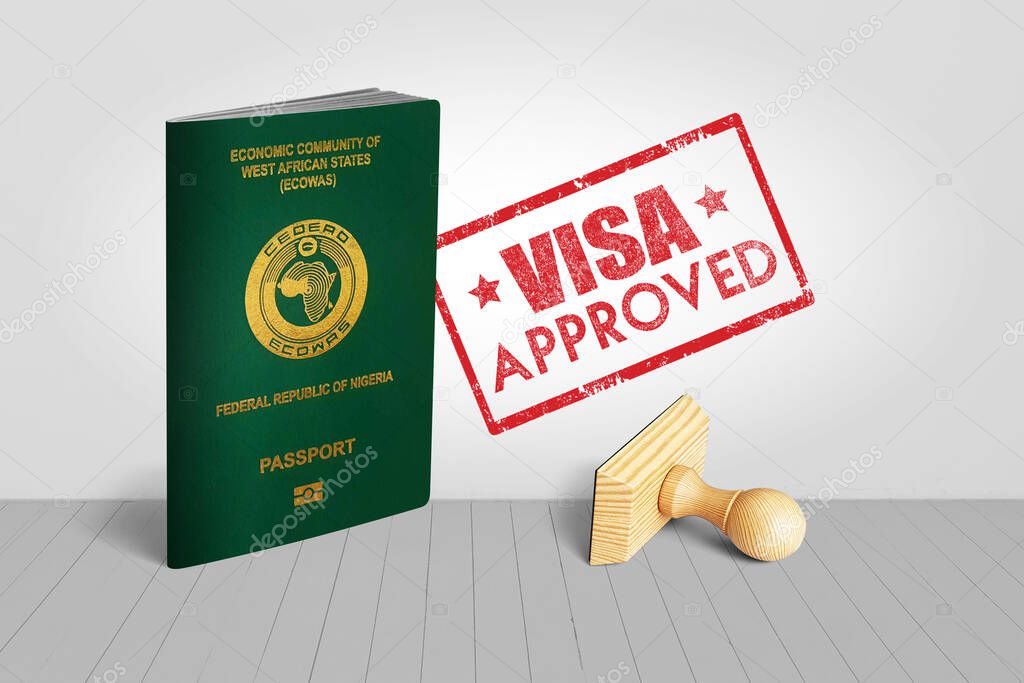 Nigeria Passport with Visa Approved Wooden Stamp for Travel - 3D Illustration