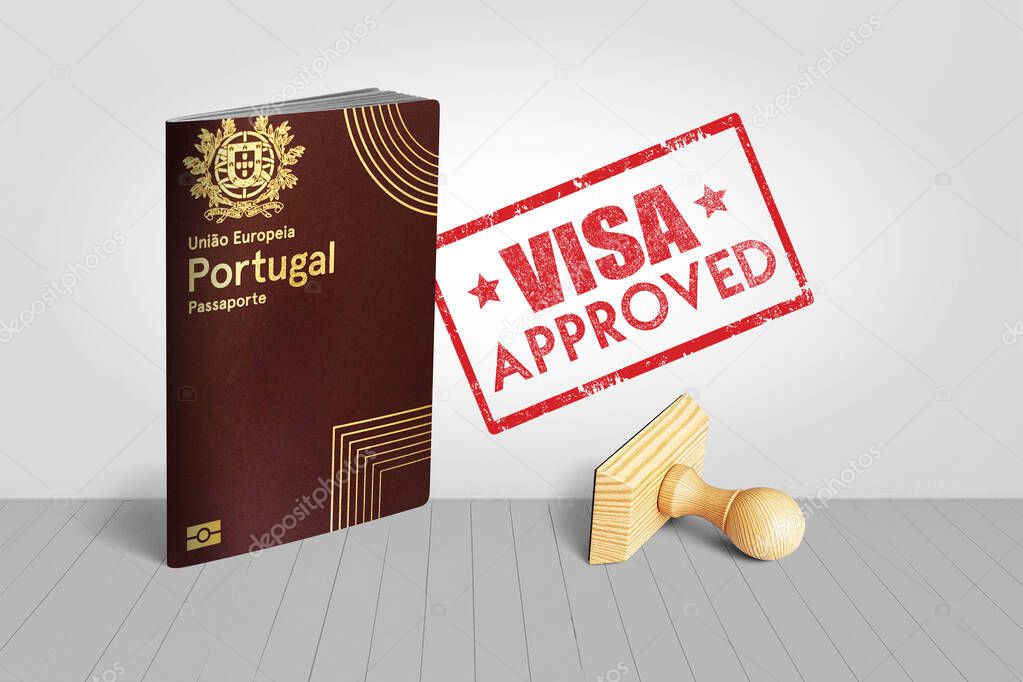Portugal Passport with Visa Approved Wooden Stamp for Travel - 3D Illustration