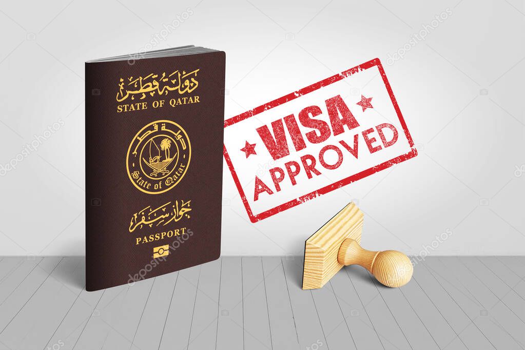 Qatar Passport with Visa Approved Wooden Stamp for Travel - 3D Illustration