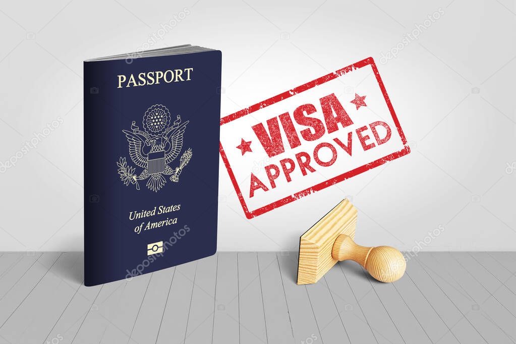 United States of America Passport with Visa Approved Wooden Stamp for Travel - 3D Illustration