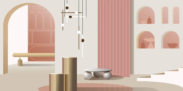Pembenin pastel tonlarında soyut modern iç mekan. Arka plan için vektör modeli bir yerleşim sayfası ya da tasarım reklam pankartı ya da broşürü. Çağdaş mimari çizimi.