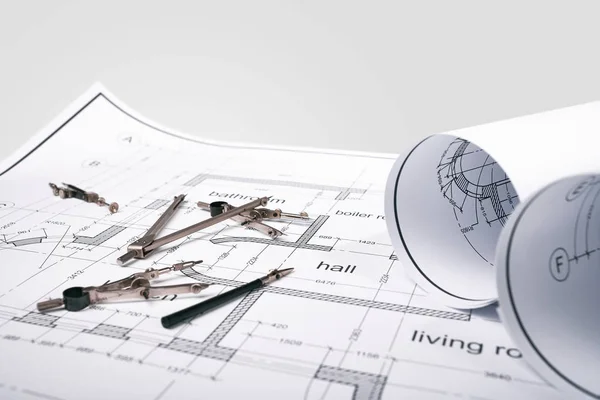 Construction of the building plans and drawing tools — Stock Photo, Image