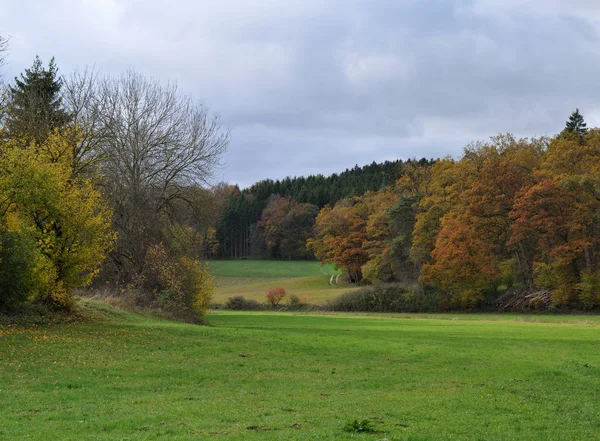 Autumn landscape in swabian alb in valley of river Lone — Stock Photo, Image