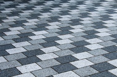 Ön bahçede gri taşlarla döşenmiş bir kaldırım.