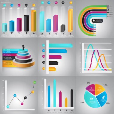 Infographics tasarım şablonları ayarlayın. Grafikler, diyagramlar, elem vektör