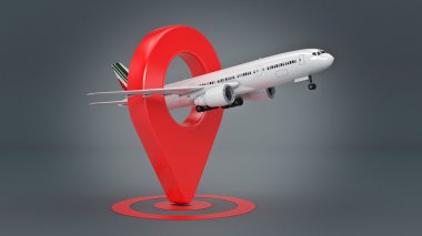 Havayolu seyahat kavramı. Havaalanı işaretçi. Uçak ve üzerinde beyaz izole iğne. 3D render