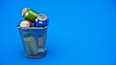 Geri dönüşüm kavramı: içecek kutuları çöp kutusu içinde. 3D render