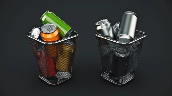 Concepto de reciclaje: latas de bebidas en la papelera. renderizado 3d —  Fotos de Stock
