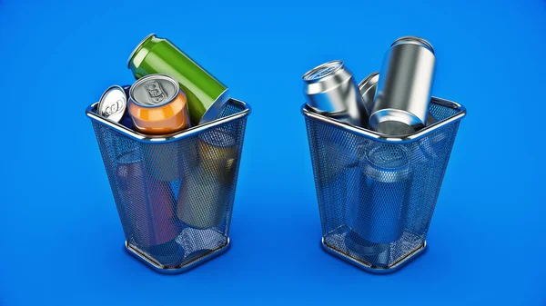 回收的概念︰ 在垃圾桶中的饮料罐。3d 渲染 — 图库照片