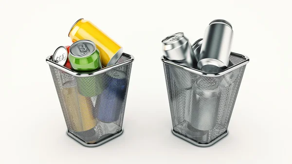 Концепция переработки отходов: банки для питья в мусорном баке. 3d-рендеринг — стоковое фото