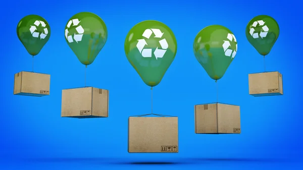 Знак "Переработка" на зеленом блестящем шаре и картонке. 3d-рендеринг — стоковое фото