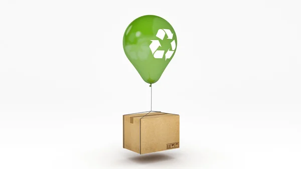 Ανακυκλώστε το σημάδι σε ένα πράσινο γυαλιστερό μπαλόνι και χαρτόνι. 3D rendering — Φωτογραφία Αρχείου