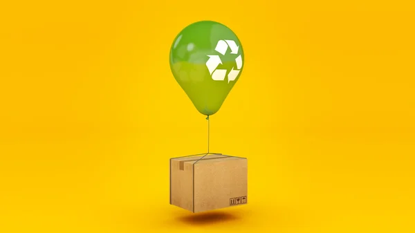 Cartel de reciclaje En un globo verde brillante y cartón. renderizado 3d — Foto de Stock