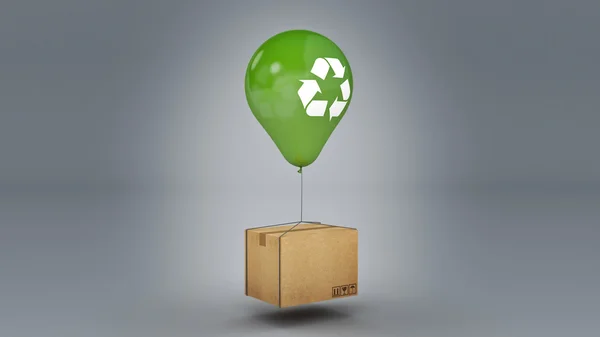 Recyklované symbol na zelený lesklý balónek a karton. 3D vykreslování — Stock fotografie