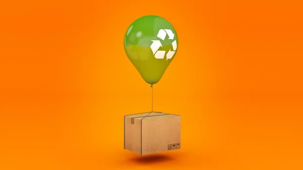 Recyklované symbol na zelený lesklý balónek a karton. 3D vykreslování — Stock fotografie
