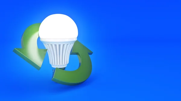 Recyklované symbol s led žárovkou. 3D vykreslování — Stock fotografie