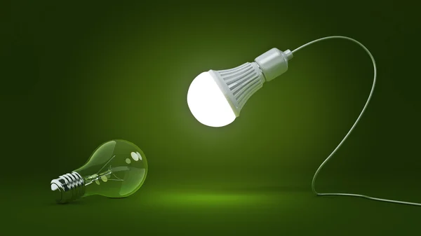 Glowing LED bulb and simple light bulbs. 3D rendering