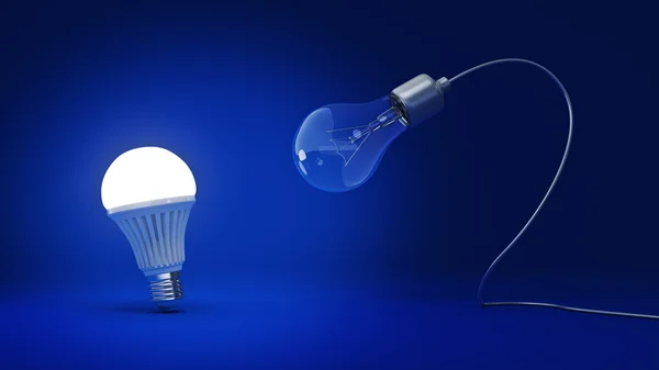 Lâmpada LED brilhante e lâmpadas simples. Renderização 3D — Fotografia de Stock