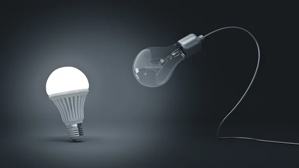Glowing LED bulb and simple light bulbs. 3D rendering