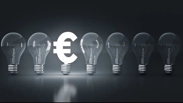 Signo de euros luminosos con bombillas. renderizado 3D —  Fotos de Stock