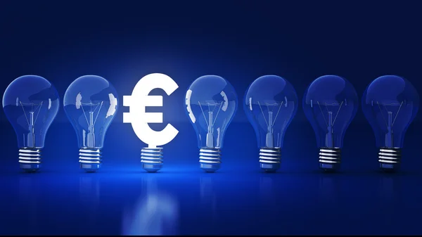 Sinal de euros luminoso com lâmpadas. renderização 3D — Fotografia de Stock