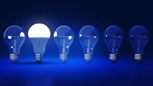 Lâmpada LED brilhante e lâmpadas simples. Renderização 3D — Fotografia de Stock