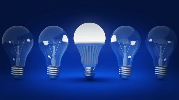 Glühende LED-Lampe und einfache Glühbirnen. 3D-Darstellung — Stockfoto