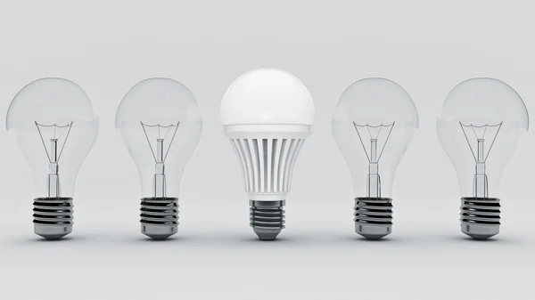 Lampadina LED incandescente e lampadine semplici. Rendering 3D — Foto Stock