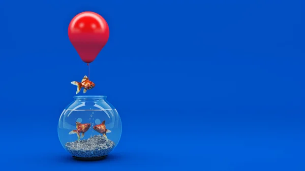 Peixe dourado voando de um aquário com a ajuda de um balão. Renderização 3d — Fotografia de Stock