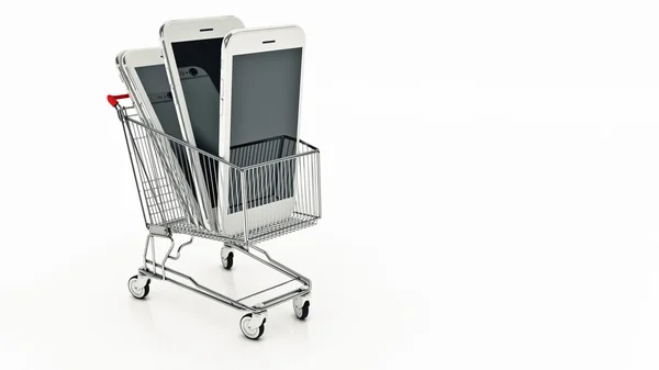 Smartphone s nákupní košík. 3D vykreslování — Stock fotografie