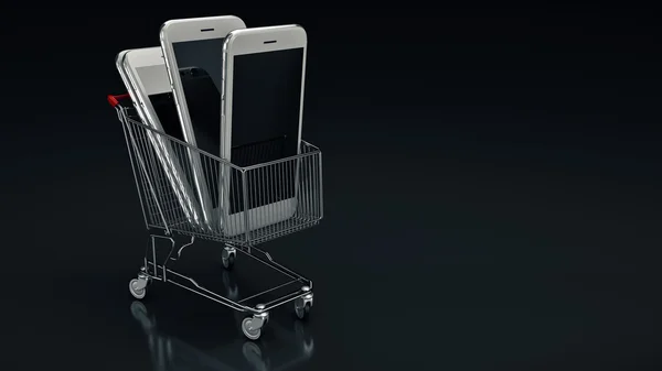 Smartphone med kundvagn. 3D-rendering — Stockfoto