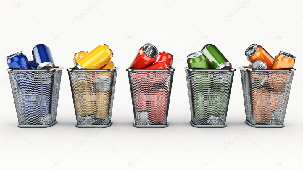 Recycling concept: drink cans in the trash bin. 3d rendering