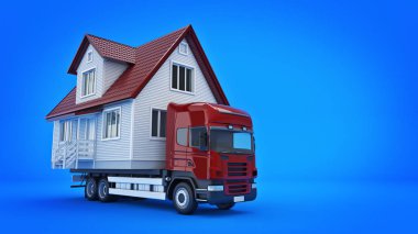 bir kamyon ile bir ev taşıma. 3D render
